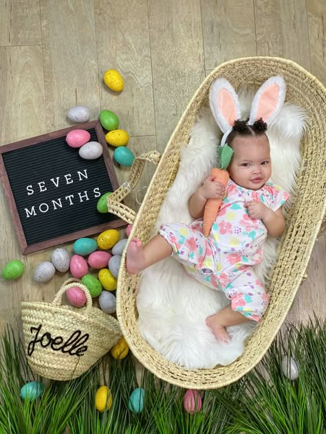 Easter Photoshoot Baby 3 Months, Baby April Photo Ideas, Spring Baby Milestone Picture, Snuggle Me Monthly Photos, Baby Easter Photoshoot Ideas, 2month Old Baby Pictures Ideas, April Baby Photoshoot Ideas, Easter Baby Picture Ideas, Easter Monthly Baby Picture