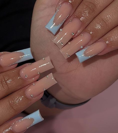 Blue Frenchies Nails, Oval Nails Inspiration, Frenchies Nails, Baby Blue Acrylic Nails, Blue Prom Nails, Cross Nails, Baby Blue Nails, Blue Acrylic Nails, Long Acrylic Nails Coffin