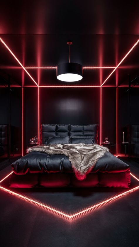 Step into a space radiating vibrant vibes with bold red LED lights illuminating this light gray bedroom. The striking contrast energizes the room, making it an ideal spot for creative inspiration or late-night brainstorming sessions. 💡❤️ #VibrantVibes #CreativeSpace Red Neon Bedroom, Red Room 50 Shades Diy, Rockstar Bedroom, Red Room 50 Shades, Light Gray Bedroom, Story Backgrounds, Marble Iphone Wallpaper, Neon Bedroom, Dream Life House