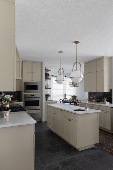 Portfolio | MUIRFIELD REMODEL | Audrey Scheck Design Grey Floors Kitchen, Grey Tile Floors, Kitchen With Dark Floors, Organic Interior Design, Dark Grey Tile, Organic Interior, Transitional Design Style, Grey Kitchen Floor, Grey Floor Tiles