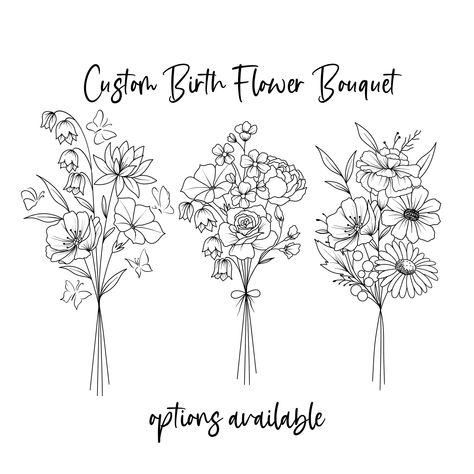 Family Birth Flower Bouquet, Flower Bouquet Tattoo, Birth Flower Bouquet, November Birth Flower, Bouquet Tattoo, Wildflower Tattoo, Family Flowers, Flower Line Drawings, April Flowers