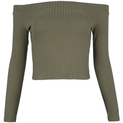 Army Green Off Shoulder Rib Long Sleeve Crop Top (805 PHP) ❤ liked on Polyvore featuring tops, shirts, off-shoulder tops, off-shoulder crop tops, off the shoulder crop top, olive green off the shoulder top and crop top Diy Crop Top, Crop Tops Online, Crop Top Designs, Off Shoulder Shirt, Off Shoulder Crop Top, Off Shoulder Sweater, Cotton Long Sleeve Shirt, Shoulder Shirts, Long Sleeve Crop