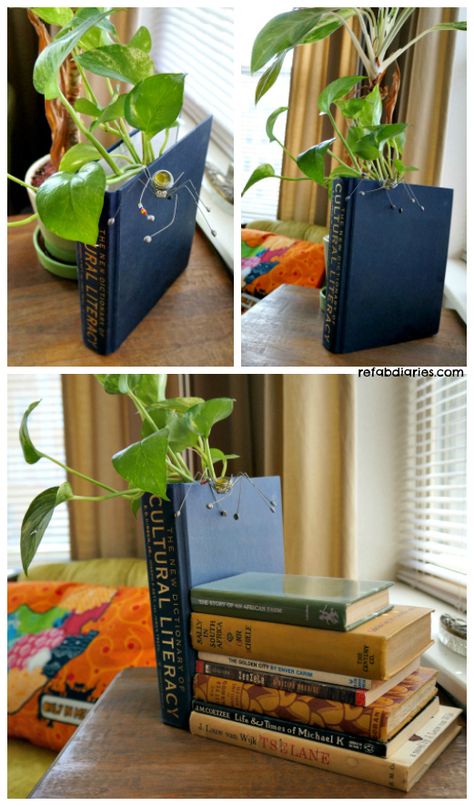 Repurpose: Old book + Used packaging = Book Planter/Vase | the ReFab Diaries Balcony Greenhouse, Book Planter, Hidden Book, Old Book Crafts, Green Ideas, Upcycle Books, Old Book Pages, Unique Vases, Diy Vase