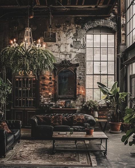 Industrial Gothic Interior, Dark And Moody Interiors, Gothic Interior, Moody Decor, Moody Interiors, Dark Elegance, Dark Home Decor, Unique Furniture Pieces, Dark Home