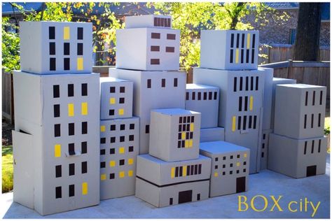 cardboard box city for super hero vs. villain or city living... or whatever else you can dream up Cardboard Forts, Superhero Backdrop, Box City, Godzilla Party, Godzilla Birthday Party, Superhero City, Godzilla Birthday, Villains Party, Batman Birthday Party