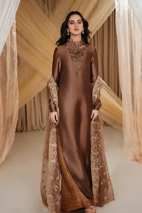 Bronze Saree, Ethereal Goddess, Pakistani Dresses Party, Pakistani Designer Clothes, Color Party, Pakistani Fancy Dresses, Beautiful Pakistani Dresses, Casual Wear Dress, Dress Design Patterns