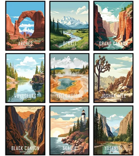 PRICES MAY VARY. QUALITY PRINTS: National park poster set is printed on 100% new and premium quality 350gsm glossy paper with surface coated for a durable,waterproof ,cleanable. It is printed in a high-tech digital printing machine which makes our prints fade-resistant.The inks used in production are 100% nature friendly. National park poster set can be used in all living spaces with peace of mind. READY TO FRAME: Please note that these national park wall art set of 9 do not come with frames. Pl National Park Nursery, Vintage National Park Posters, Vintage National Park, National Park Art, Nature Collage, Mountain Print, Park Art, National Park Posters, Travel Wall