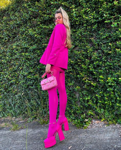 Hot Pink Monochromatic Outfit, Pink Stockings Outfit, Pink Dinner Outfit, Total Pink Outfit, Monochromatic Pink Outfit, Pink Tights Outfit, Pink Monochromatic Outfit, Barbiecore Outfit, Monochromatic Pink