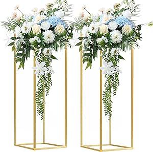 Fitous 2 pcs 31.5inch/80cm Gold Vases for Centerpieces Metal Column Geometric Flower Stand,Wedding Centerpieces Stand Rectangular Flower Display Rack for Wedding, Party Decoration Flower Stand Wedding, Metal Column, Vases For Centerpieces, Gold Wedding Flowers, Flowers Stand, Flowers Centerpieces, Metal Columns, Dinner Room, Cube Shape