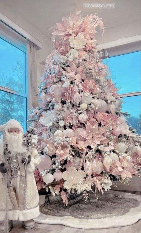 Christmas Tree Ideas White And Pink, Flocked Christmas Trees Pink, Large Pink Christmas Ornaments, Sliver Pink Christmas Tree, White Tree With Pink Decorations, Christmas Tree Ideas For White Tree, White Christmas Tree Pink Ornaments, Christmas Tree White And Pink, Pink Gold And White Christmas Tree