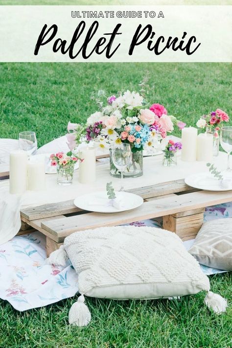 The Pallet Picnic Guide - BEYOND THE NOMS Low Picnic Table Outdoor Parties, Pallet Table Picnic, Picnic With Pallets, Pallet Party Ideas, Pallet Table Decor, Pinic Table, Pallet Table Outdoor, Pallet Picnic, Pallet Picnic Tables