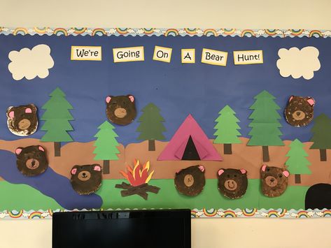 Going on a bear hunt Bears Bulletin Board Ideas, Going On A Bear Hunt Bulletin Board, Bear Hunt Bulletin Board, Classroom Bear Theme, Teddy Bear Classroom Decor, Teddy Bear Bulletin Board Ideas, Outdoor Bulletin Board Ideas, Bear Classroom Door, Bear Bulletin Board Ideas