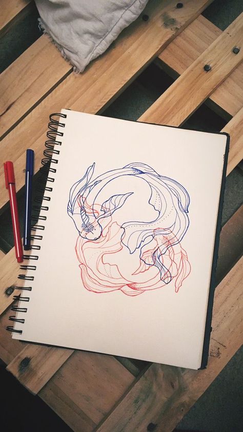 Red And Blue Koi Fish Tattoo, Red Blue Tattoo 3d, Blue And Red Sketch, Red And Blue Drawing Ideas, Red And Blue Art Drawings, Red And Blue 3d Line Art, Koi Fish Sketches, Red And Blue 3d Effect Drawing, Koi Fish Drawing Sketches