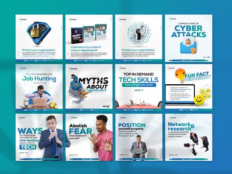 Social media designs for a cyber security company involving tips, facts and infographics about the cyber security😀 Branding Poster Design, Instagram Grid Layout, Infographic Social Media, Branding Poster, Job Poster, Event Security, Security Guard Services, Facebook Post Design, Business Graphics