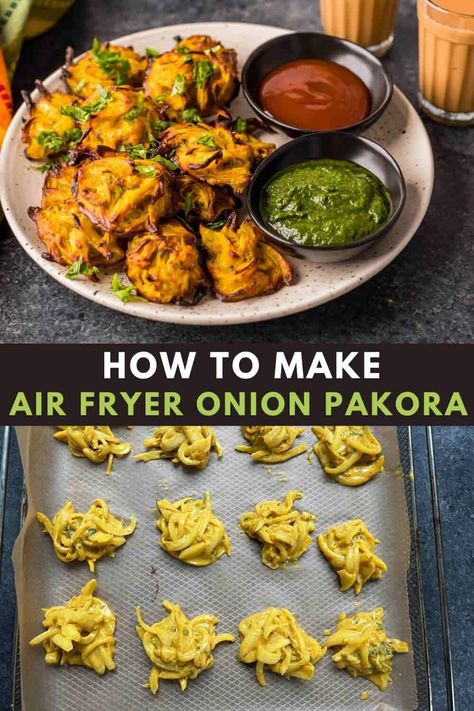 This air fryer onion pakora is just as delicious and cripsy as the traditionally deep-fried Indian snack, but with so much less oil. Air Fryer Pakora, Indian Air Fryer Recipes, Airfryer Recipes Vegetarian, Air Fryer Paneer, Air Fryer Vegetarian Recipes, Air Fryer Appetizers, Kanda Bhaji, Onion Pakora, Indian Christmas