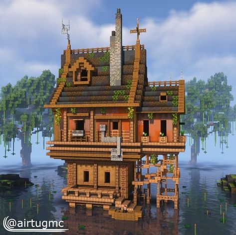 Minecraft House Ideas Mansions, Fisherman’s House Minecraft, Minecraft House Detailing, Minecraft Building On Water, Fishing Boat Minecraft, Minecraft Fisherman House Interior, Ocean Village Minecraft, Dallasmed65 Minecraft House, Boathouse Minecraft