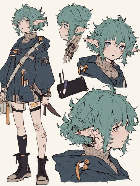 Dr Character Design, Twink Character Oc, Masc Character Design, Gender Neutral Character Design, Green Hair Oc, Adventurer Oc, Nature Character Design, Blue Hair Oc, Cute Male Oc