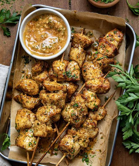 Cowboy Butter Chicken Skewers Farm To Table Dinner Recipes, Chicken Hors D’oeuvres, Fried Chicken Sides Dishes Ideas, Butter Chicken Skewers, Cowboy Butter Recipe, 3 Course Dinner, Chicken Linguine, Chicken Cubes, Cowboy Butter