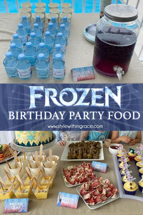 All the themed Frozen party food and drink ideas you could need for your Frozen Birthday Party, including cake decorating inspiration! Frozen Birthday Party Food, Frozen Party Food, Birthday Party Menu, Frozen Birthday Party Ideas, Frozen Bday Party, Frozen Themed Birthday Party, Easy Budget, Frozen Theme Party, Frozen Theme