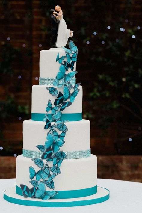 Wedding Cake Butterfly, Cake With Butterfly, Tiffany Blue Wedding Cake, Teal Wedding Cake, Teal Blue Weddings, Butterfly Wedding Cake, Northbrook Park, Wire Cake Topper, Competition Board