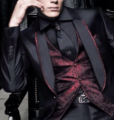 Crimson & Kingly. Dark Academia Wedding, Black And Red Suit, Fairy Gown, All Black Suit, Vampire Clothes, Jonathan Joestar, Gothic Men, High Fashion Men, Mens Fashion Work