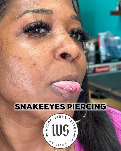 Snake eyes tongue piercing Price: $80 including jewelry www.wyldesydestattoo.com #piercing #tonguepiercing #snakeeyepiercing #bodypiercing #wyldesydestattoo #piercingstudio #sandiego Snake Eyes Tongue Piercing, Tongue Piercing, Snake Eyes, Makeup Tips, Piercings, Tattoos, Makeup, Quick Saves, Make Up