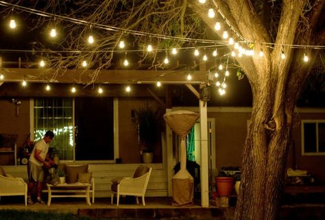 Make Your Back Porch Magical With These String Lights Backyard String Lights, Outdoor String Lights, Patio String Lights, Solar Fairy Lights, Edison Bulbs, Outdoor Landscape Lighting, Pool Installation, Outdoor Hanging Lanterns, Garden Makeover