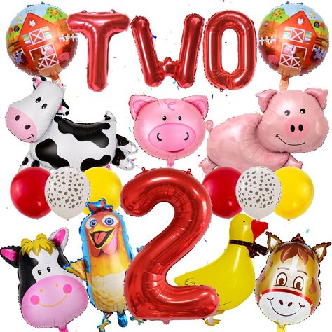 PRICES MAY VARY. Product Details: Turn your child's 2nd birthday into a memorable farm-themed celebration with our Farm Animal 2nd Birthday Balloon Set. This complete set includes 2 round 18-inch balloons, 3 animal-shaped foil balloons, 4 different-shaped foil balloons, 3 16-inch letter foil balloons, 6 12-inch latex balloons, and one large 32-inch number foil balloon. High Quality: We prioritize quality in all our products, and farm birthday party supplies set is no exception. Crafted from high Farm Animals 1st Birthday Party, Unique Two Year Old Birthday Themes, Old Mcdonald 2nd Birthday Party, Farm Baby Birthday, Old Mcdonald Birthday Party, Farm Animal Balloons, Farm Birthday Party Decorations, Two Year Old Birthday Party, Farm Animal Birthday Party