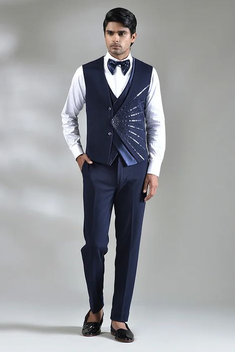 Buy Dark Navy Blue Cutdana Embroidered Italian Tuxedo Suit Online | Samyakk Waistcoat Men Wedding, Men Ethnic Wear India, Italian Tuxedo, Men Ethnic Wear, Designer Tuxedo, Mens Pant, Mens Tuxedo, Waistcoat Designs, Waistcoat Fashion