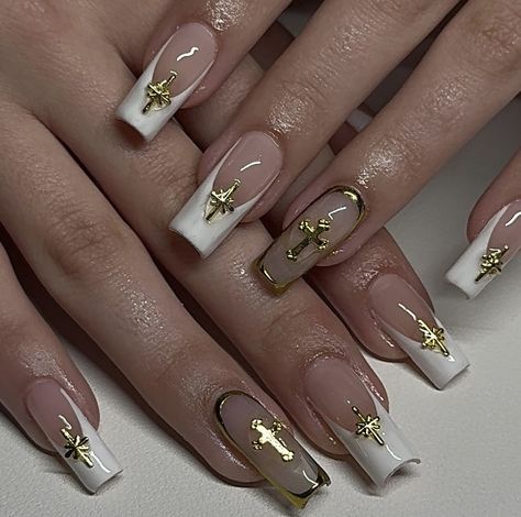 Gold Nail, Girly Acrylic Nails, Simple Acrylic Nails, French Acrylic Nails, Classy Acrylic Nails, Pretty Gel Nails, Acrylic Nails Coffin Pink, Square Acrylic Nails, Luxury Nails