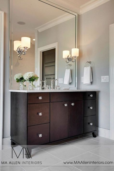 MA Allen Interiors: Stunning bathroom with espresso cabinets paired with carrara marble countertop and ... Espresso Vanity, Bathroom Vanity Remodel, Espresso Cabinets, Small Bathroom Vanities, Stunning Bathrooms, Marble Countertop, Mirror Wall Bathroom, Upstairs Bathrooms, Contemporary Bathrooms