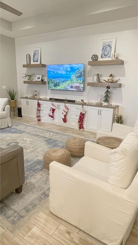 Media Console With Floating Shelves, Family Room Entertainment Center, Family Room Design No Fireplace, Entertainment Center With Floating Shelf, Entertainment Center No Fireplace, Floating Shelves Beside Tv On Wall, Entertainment Centers Living Room, Tv On Entertainment Center, Basement Floating Shelves