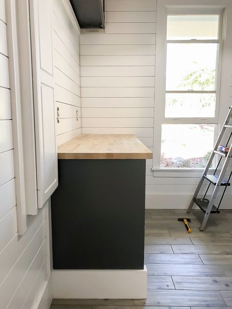 Butcher Block Folding Table Laundry Room, Butcher Block In Laundry, Butcher Block Countertops Laundry, Laundry Room Butcher Block Counter, Coastal Laundry Room, Coastal Laundry, Stained Butcher Block, Counter Diy, Laundry Room/mudroom