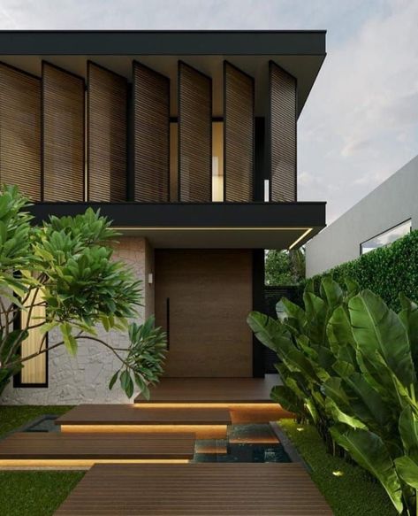 Japandi Villa Exterior, Japandi Facade House, Japandi Architecture Exterior, Skypod House Design, Modern Tropical Facade, Tropical Contemporary House Exterior, Tropical House Facade, Modern Tropical House Facade, Tropical House Design Exterior