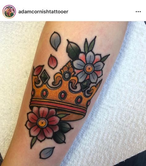 Crown And Flowers Tattoo, Traditional Queen Tattoo, Traditional Tattoo Crown, Princess Crown Tattoos, Way Tattoo, Semicolon Tattoo Meaning, Crown Tattoos For Women, Best 3d Tattoos, Bookish Tattoos