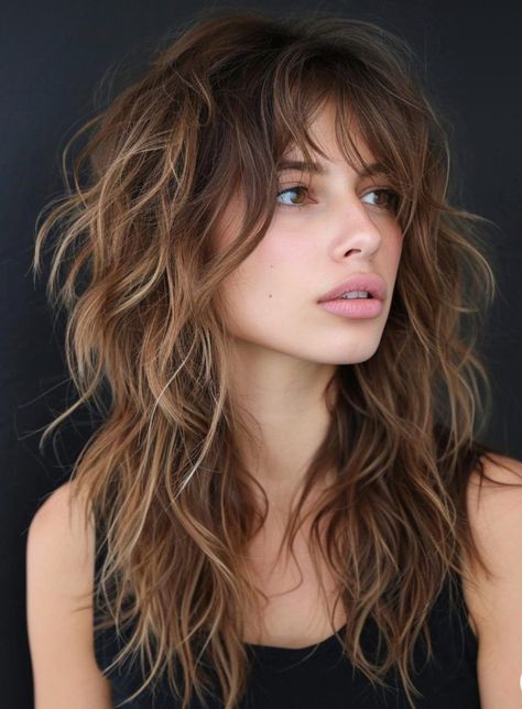 Shag Hairstyles Balayage, California Shag Haircut, Hair Color For Shag Haircut, Women’s Long Hair Shag, Choppy Layers For Long Hair Curly, Long Shaggy Haircut For Fine Hair, Long Shag Haircut Choppy Layers Curly, Shag Hairstyles Long Bangs, Layered Long Shag Hairstyles