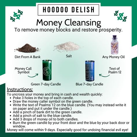 Hoodoo Prosperity Spell, Unblock My Money Hoodoo, Unblock My Money Spell, Money Altar Ideas, Spell For Money, Money Oil Recipe, Hoodoo Delish, Quick Easy Money, Money Magick