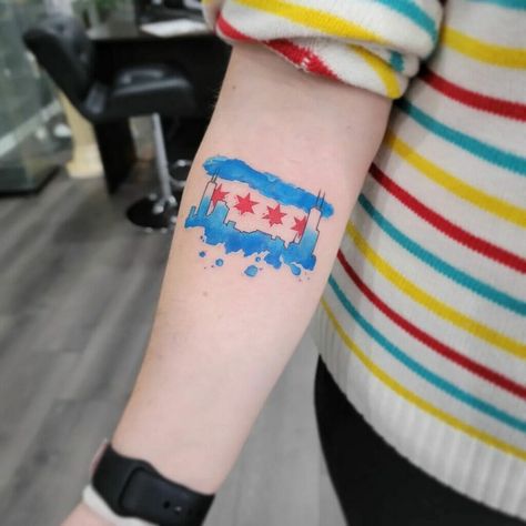 101 Best Chicago Skyline Tattoo Ideas That Will Blow Your Mind! 12 Outsons Chicago Tattoo Ideas, Chicago Flag Tattoo, Chicago Skyline Tattoo, Skyline Tattoo, Chicago Tattoo, Chicago Flag, Silhouette Tattoos, Flag Tattoo, Chicago Skyline