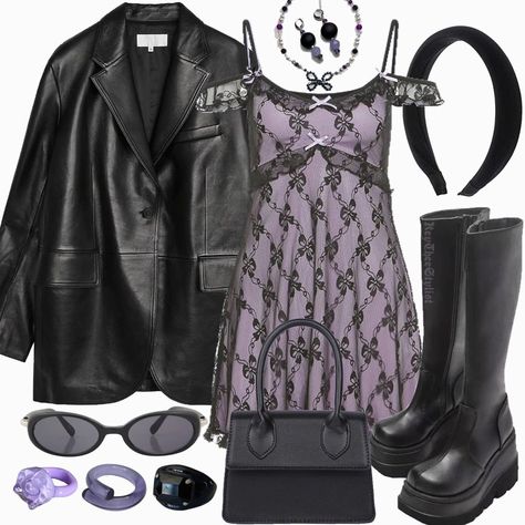 How To Style Boots, Purple And Black Outfits, Black Outfits Aesthetic, Black And Purple Outfit, Different Outfit Styles, Black On Black Outfits, Outfit With Dress, Dresses Fits, Grunge Dresses