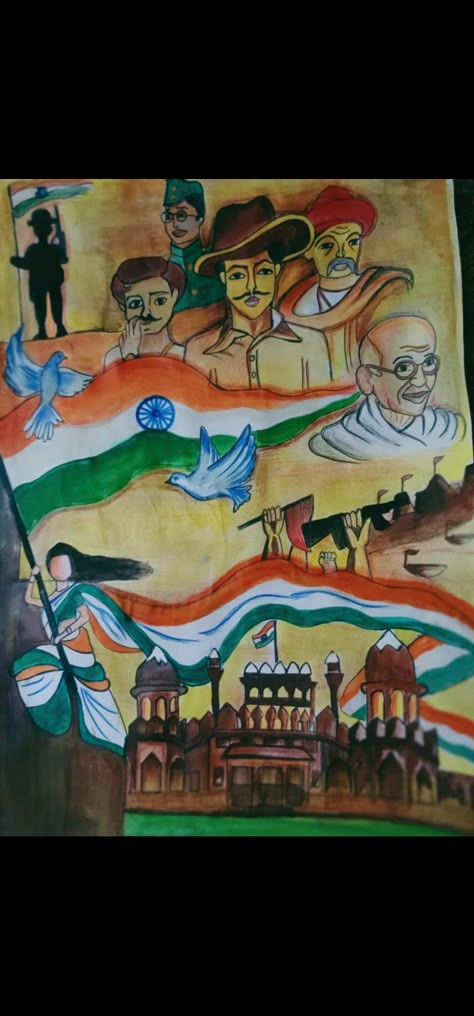 This painting is about the glory of India . This picture depicts the brave freedom fighters who fought against British for their motherland. I have used watercolor in this painting and really enjoyed while making it . Hope you all like it 😊 India Freedom Fighters Drawing, Freedom Fighters Of India Poster, Veer Gatha Drawing Painting, Festival Of India Painting, Veer Gatha Poster Making, Veer Gatha Painting, Freedom Fighters Painting, Freedom Fighter Drawing, Veer Gatha Drawing