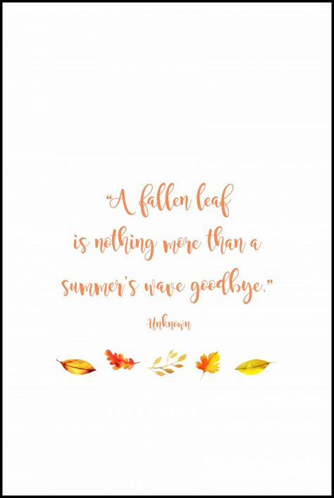 "A fallen leaf is nothing more than a summer's wave goodbye.” -Unknown. FREE autumn quote printable. 4x6, 5x7, 8x10 sizes available. #autumn #fall #autumnquote #freeprintable | https://www.roseclearfield.com Goodbye Summer Quotes, Leaf Quote, Leaf Quotes, April Weather, Autumn Quote, Autumn Poems, Quote Printables, Berry Patch, Fall Quote