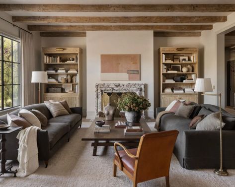 Leather Banquette, Coved Ceiling, Hand Hewn Beams, Marble Fireplace Surround, Vintage Modern Style, Hidden Hills, Amber Lewis, Wood Interior Design, Modern Style Homes