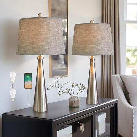 Oneach 25.75" Table Lamps Set of 2 for Living Room Bedroom, Bedside Lamp 3-Way Dimmable Touch Control, Modern Silver Nightstand Light Fabric Shade Vintage Accent Style Silver Nightstand, Stand Lamps, Metal Nightstand, Nightstand Light, Touch Table Lamps, Bedroom Bedside Lamp, Bedside Night Stands, Nightstand Lamp, Lamp Set