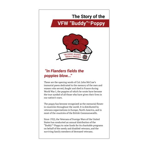 VFW Store - Story of the "Buddy Poppy" Brochure Buddy Poppy Vfw, Buddy Poppy, Activities Director, Flanders Field, Activity Director, Church Crafts, Poppy Flowers, Military Veterans, Golden Girls