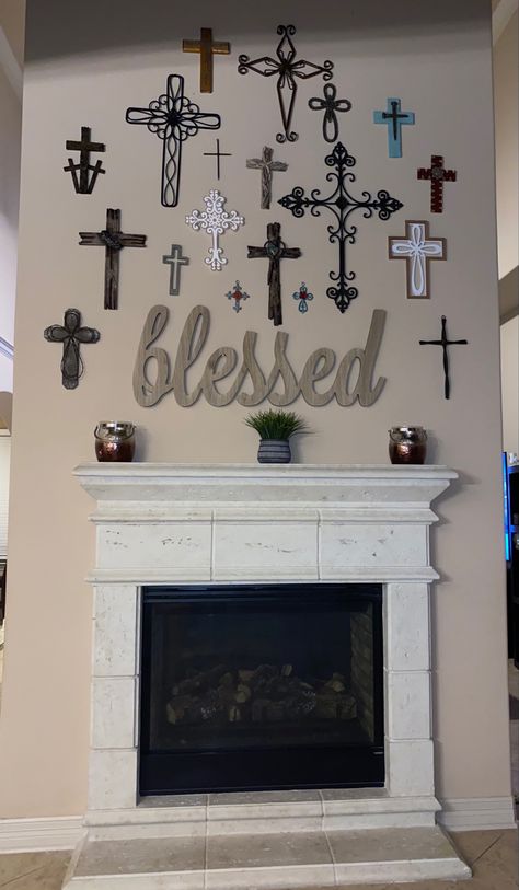 Crosses decorating high wall above the firepkace. Cross Wall Decor Ideas, Cross Wall Collage, Rustic Cross, Cross Wall, Cross Wall Decor, Crosses Decor, High Walls, Wall Crosses, Living Room Wall