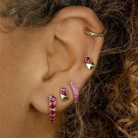 Aesthetic Piercings, Red Ruby Earrings, Ruby Earring, Earring Inspo, Earring Stack, Piercing Inspo, Sparkly Things, Ear Stack, Ruby Earrings