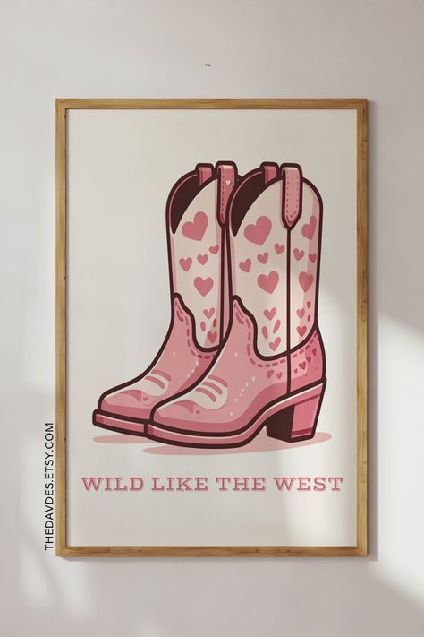 Digital wall art print of pink cowboy boots with heart patterns, titled 'Wild Like the West'. Cowboy Boots Art, Cowgirl Boots Print, Boots Print, Pink Cowboy Boots, Pink Cowgirl Boots, Pink Cowboy, Vibrant Wall Art, Pink Cowgirl, Canvas Ideas