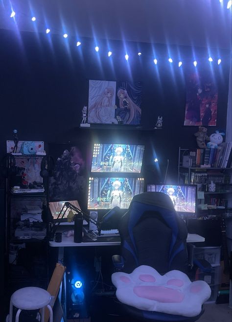 Cybercore Bedroom Aesthetic, Cybercore Gaming Setup, Cyberpunk Room Aesthetic, Cybercore Desk Setup, Cyberpunk Rooms, Dark Cybercore Room, Cyberpunk Aesthetic Room, Cybercore Bedroom, Cyberpunk Dorm Room