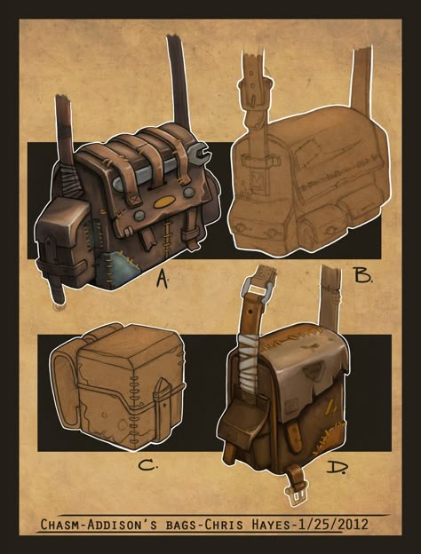 Portfolio of Christopher Hayes: Props/ Asset design Bag Concept Design, Fantasy Bag Art, Character Design Accessories, Fantasy Bag Concept Art, Bag Concept Art, Bag Art Drawing, Bags Drawing, Fantasy Bag, Character Props