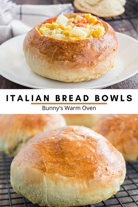 Italian Round Bread, Easy Bread Bowls, Bread Bowls Recipe, Kitchenaid Bread Bowl Recipes, Bread Bowl Recipes, French Bread Bowl Recipe, Garlic Bread Bowl, Soup Recipes For Bread Bowls, Best Bread Bowl Recipe